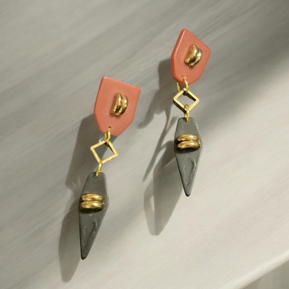 Geometric Shape Brown, Black and Gold dangling Earrings. Dart Shape, lightweight - Picture 3 of 8